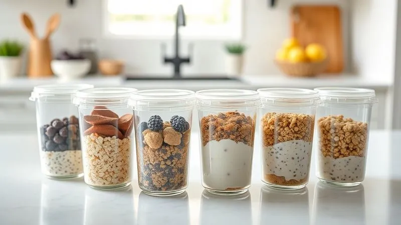 A clean, organized kitchen counter with various meal prep containers filled with pre-portioned protein dessert ingredients like overnight oats or chia puddings. The scene is bright and airy, suggesting efficiency and healthy habits. Professional photography, 8K, cinematic lighting, sharp focus, depth of field, shot on a high-end DSLR.