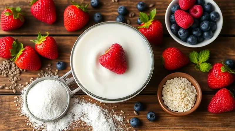 photorealistic, professional photography, 8K, cinematic lighting, sharp focus, depth of field, shot on a high-end DSLR, a vibrant flat lay of various healthy dessert ingredients: skyr, fresh berries, chia seeds, a scoop of vanilla protein powder, and a small bowl of erythritol, all arranged aesthetically on a rustic wooden table.