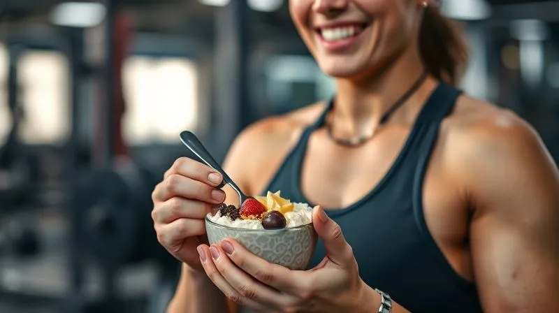 photorealistic, professional photography, 8K, cinematic lighting, sharp focus, depth of field, shot on a high-end DSLR, a fit person in athletic wear happily enjoying a small, colorful protein dessert in a bowl after a workout, with gym equipment softly blurred in the background, conveying satisfaction and healthy recovery.