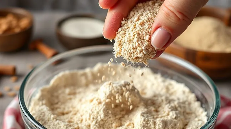 A photorealistic close-up of a hand sprinkling whole grain spelt flour into a mixing bowl, emphasizing the texture of the flour and small grains, with a blurred background of other healthy baking ingredients. Cinematic lighting, sharp focus, depth of field, 8K hyper-detailed, shot on a high-end DSLR.