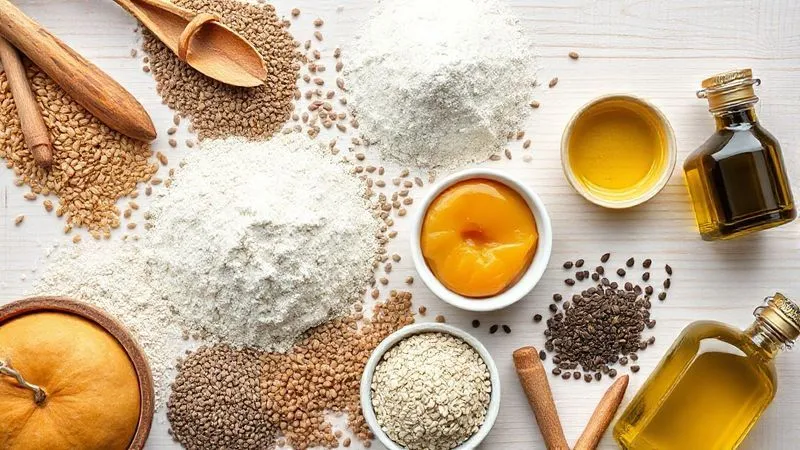 A vibrant photorealistic flat lay of various healthy baking ingredients: whole grain spelt flour, flax seeds, chia seeds, pumpkin seeds, a bowl of unsweetened applesauce, and a small bottle of olive oil, all arranged on a light wooden background. Cinematic lighting, sharp focus, depth of field, 8K hyper-detailed, shot on a high-end DSLR.