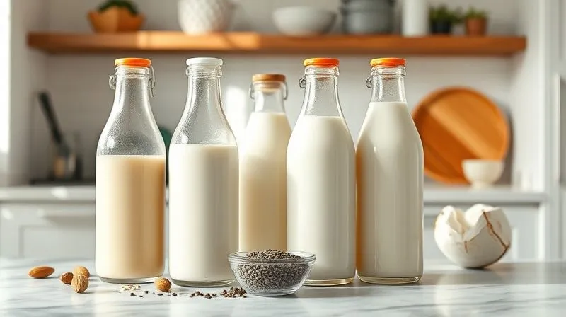 A photorealistic still life of various plant-based milks (almond, oat, soy, light coconut) in elegant glass bottles, with a small bowl of chia seeds next to them, on a clean, minimalist kitchen counter with soft, natural light, 8K, cinematic lighting, sharp focus on the bottles, depth of field, shot on a high-end DSLR.