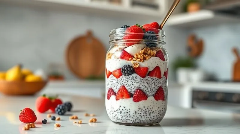 A photorealistic vibrant and colorful layered chia pudding in a glass jar, with distinct layers of creamy pudding, fresh berries, granola, and nuts, photographed from a slightly elevated angle on a bright, modern kitchen counter, 8K, cinematic lighting, sharp focus on the layers, depth of field, shot on a high-end DSLR.