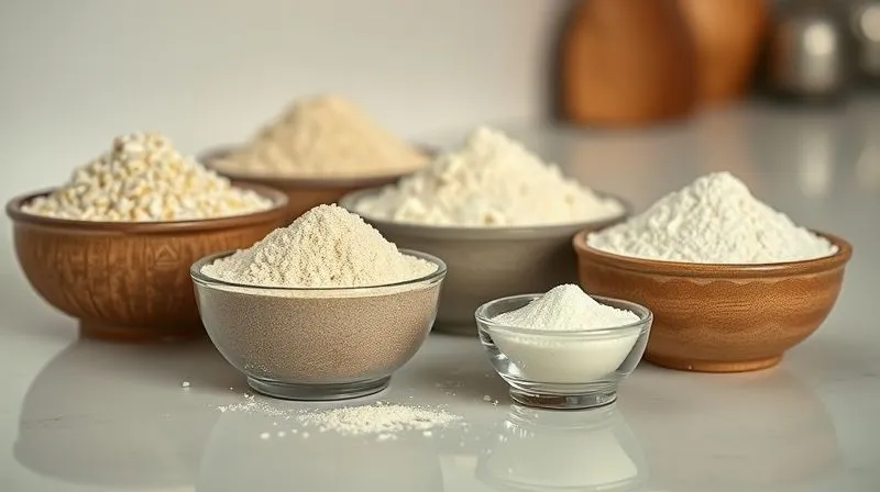 Photorealistic, professional photography, 8K, cinematic lighting, sharp focus on a visually appealing arrangement of various gluten-free flours in small, elegant bowls – fine corn flour, white rice flour, tapioca starch, and a tiny bowl of xanthan gum. The flours are distinct in color and texture. Depth of field blurring a clean, minimalist kitchen counter. Shot on a high-end DSLR, emphasizing texture and quality.