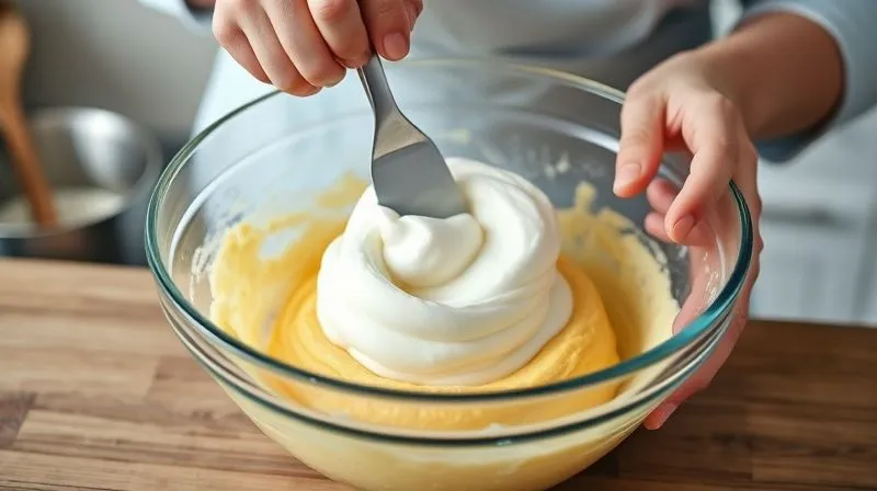 Photorealistic, professional photography, 8K, cinematic lighting, sharp focus on a pair of hands gently folding whipped egg whites into a golden cornbread batter with a spatula in a glass bowl. The batter is light and airy. Depth of field blurring a clean, modern kitchen background. Shot on a high-end DSLR, emphasizing careful technique and light texture.