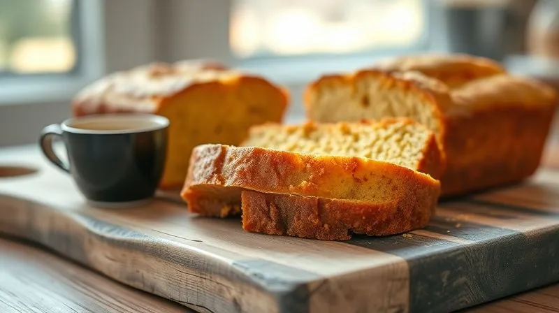 Photorealistic, professional photography, 8K, cinematic lighting, sharp focus on a freshly baked, golden-brown gluten-free cornbread loaf, perfectly sliced to reveal its fluffy, moist interior. A few slices are arranged on a rustic wooden board with a cup of black coffee or tea in the background. Soft, natural light from a window illuminates the scene, creating inviting warmth. Depth of field blurring the background. Shot on a high-end DSLR, emphasizing comfort and deliciousness.