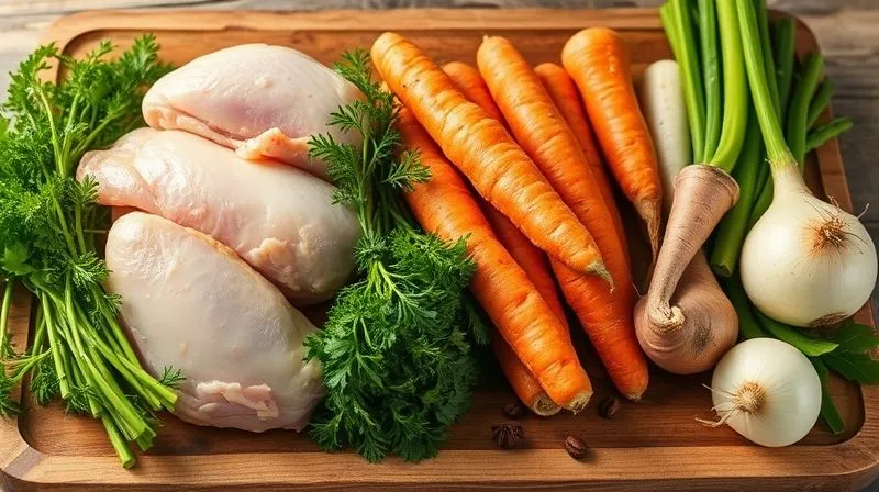 A photorealistic, professional photography, 8K, cinematic lighting, sharp focus, depth of field, shot on a high-end DSLR image of a rustic wooden cutting board laden with fresh, vibrant rosó? ingredients: lean chicken parts (like wing tips or necks without skin), a bundle of parsley, dill, whole carrots, parsnips, a celery root, a leek, an onion, and a few bay leaves and allspice berries. The light is warm and inviting, highlighting the freshness and natural beauty of the produce.