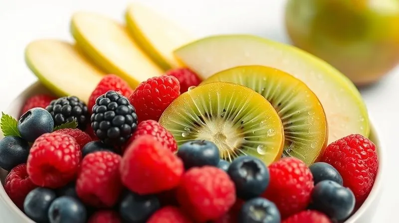 A vibrant, artfully arranged bowl of low-glycemic fruits like various berries (raspberries, blueberries, blackberries), sliced kiwi, and green apple wedges, glistening with fresh dew drops, set against a clean, minimalist white background. The composition is visually appealing, emphasizing freshness and natural beauty. Photorealistic, professional photography, 8K, cinematic lighting, sharp focus, depth of field, shot on a high-end DSLR.