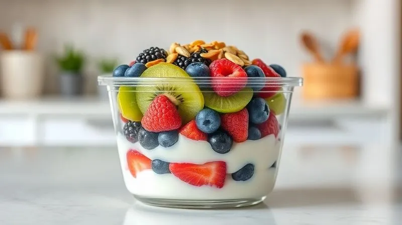A beautifully packed, clear glass lunchbox filled with a vibrant, layered fruit salad. The layers show distinct ingredients: a creamy white layer of Greek yogurt at the bottom, topped with a mix of colorful berries (blueberries, raspberries), then slices of green kiwi, and a final sprinkle of golden chia seeds and chopped almonds. The lunchbox is presented on a clean, light-colored kitchen counter with soft, diffused daylight, highlighting the freshness and appeal of the healthy meal. Photorealistic, professional photography, 8K, cinematic lighting, sharp focus on the lunchbox, depth of field blurring the background, shot on a high-end DSLR.