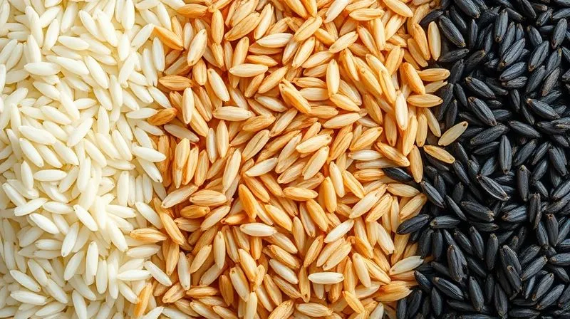 Photorealistic close-up of different types of uncooked rice grains (white, brown, wild, black) arranged neatly, sharp focus, cinematic lighting, 8K, shot on a high-end DSLR.