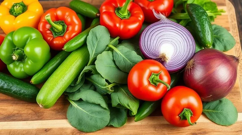 Photorealistic, vibrant array of fresh, colorful vegetables (bell peppers, cucumbers, cherry tomatoes, spinach, red onion) artfully arranged on a rustic wooden cutting board, professional photography, 8K, cinematic lighting, sharp focus, depth of field, shot on a high-end DSLR.