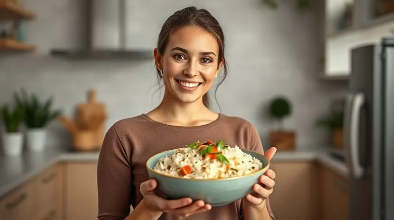 Photorealistic image of a woman smiling confidently, holding a healthy bowl of rice salad, in a modern, bright kitchen setting, professional photography, 8K, cinematic lighting, sharp focus, depth of field, shot on a high-end DSLR, conveying health and happiness.