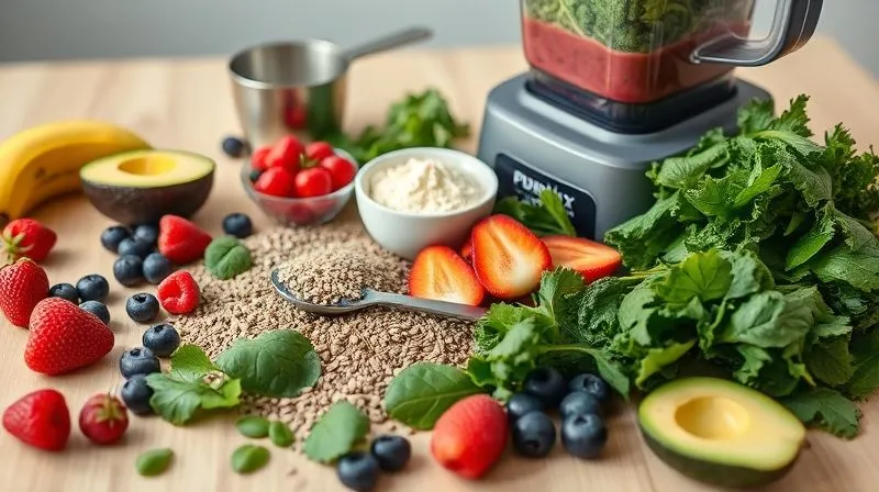 photorealistic, professional photography, 8K, cinematic lighting, sharp focus, depth of field, shot on a high-end DSLR, a vibrant array of fresh, colorful smoothie ingredients like spinach, kale, berries, avocado, chia seeds, and protein powder laid out artfully on a light wooden table, with a measuring spoon and a blender in the background, conveying health and preparation.
