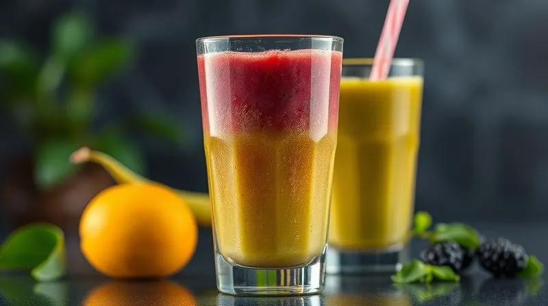 Photorealistic image of a healthy, vibrant smoothie in a glass next to a glass of sugary, unhealthy-looking juice, with a clear visual contrast between the two. Cinematic lighting, sharp focus on the healthy option, depth of field. 8K, shot on a high-end DSLR.