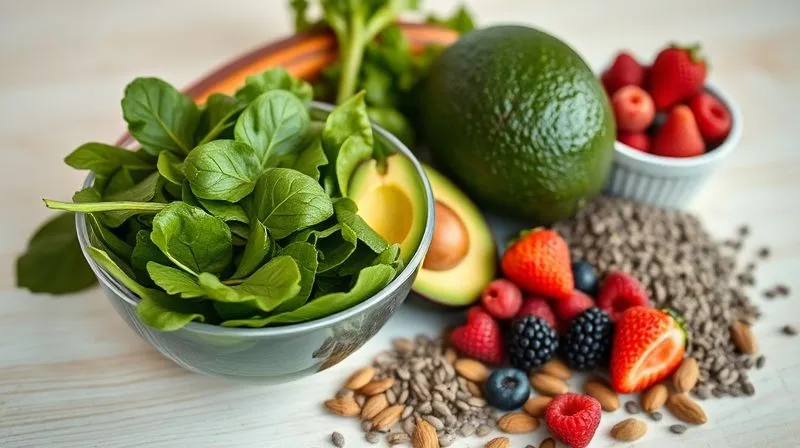 Photorealistic, professional photography, 8K, cinematic lighting, sharp focus on a collection of healthy smoothie ingredients: a bowl of vibrant spinach, a perfectly ripe avocado, a handful of mixed berries, and a small pile of chia seeds and almonds. All arranged artfully on a light wooden surface, with a sense of freshness and natural abundance. Depth of field, shot on a high-end DSLR.