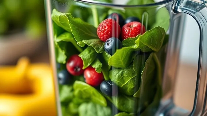 Photorealistic, professional photography, 8K, cinematic lighting, sharp focus on a vibrant, overflowing blender filled with a mix of fresh green leafy vegetables (spinach, kale) and a few colorful berries, ready to be blended into a healthy smoothie. Depth of field, shot on a high-end DSLR, emphasizing the freshness and natural ingredients.