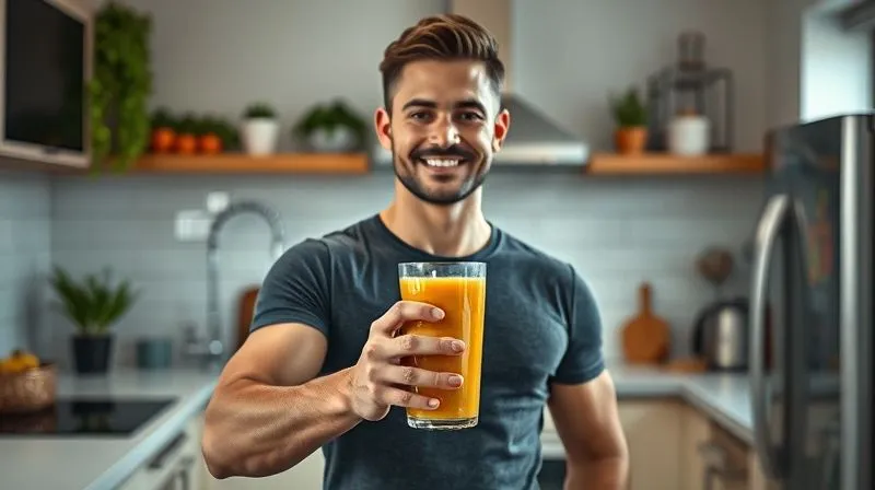 Photorealistic, professional photography, 8K, cinematic lighting, sharp focus on a person (fit and healthy) holding a glass of a vibrant smoothie, smiling confidently while standing in a modern kitchen with a clean, organized aesthetic. The scene conveys a sense of well-being, energy, and satisfaction. Depth of field, shot on a high-end DSLR.