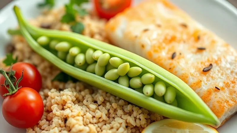 Photorealistic, professional photography of a vibrant, fresh green bean pod split open, revealing tiny seeds, surrounded by other healthy ingredients like quinoa, cherry tomatoes, and a lean piece of fish, all arranged on a white ceramic plate. Soft, natural light, sharp focus on the green bean, depth of field, 8K hyper-detailed, shot on a high-end DSLR, evoking freshness and health.