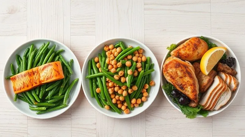 Photorealistic, professional photography of three distinct, healthy dinner plates arranged side-by-side on a light wooden background. Each plate features green beans as a central component, but with different protein sources: one with grilled salmon, one with chickpeas, and one with chicken. Cinematic lighting, sharp focus on the food, depth of field, 8K hyper-detailed, shot on a high-end DSLR, emphasizing variety and nutritional balance.