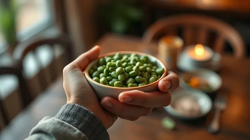 Photorealistic, professional photography of a person’s hands gently holding a small bowl of green beans, with a blurred background of a cozy, softly lit dining area. The emphasis is on the act of mindful eating, with a serene and calm atmosphere. Cinematic lighting, sharp focus on the hands and bowl, depth of field, 8K hyper-detailed, shot on a high-end DSLR, conveying peace and presence.