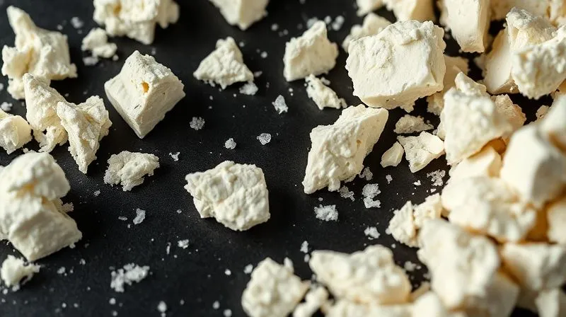 A close-up, photorealistic image of crumbled feta cheese on a dark background, showcasing its texture and slight salt crystals, with soft, diffused lighting, 8K, sharp focus.
