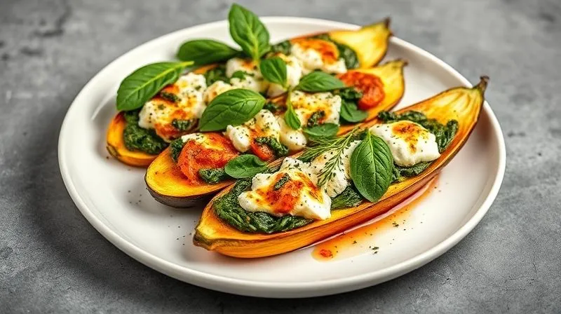 A beautifully arranged, photorealistic image of a vibrant baked zucchini stuffed with feta and spinach, garnished with fresh herbs, presented on a minimalist white plate, with soft studio lighting, 8K, sharp focus.