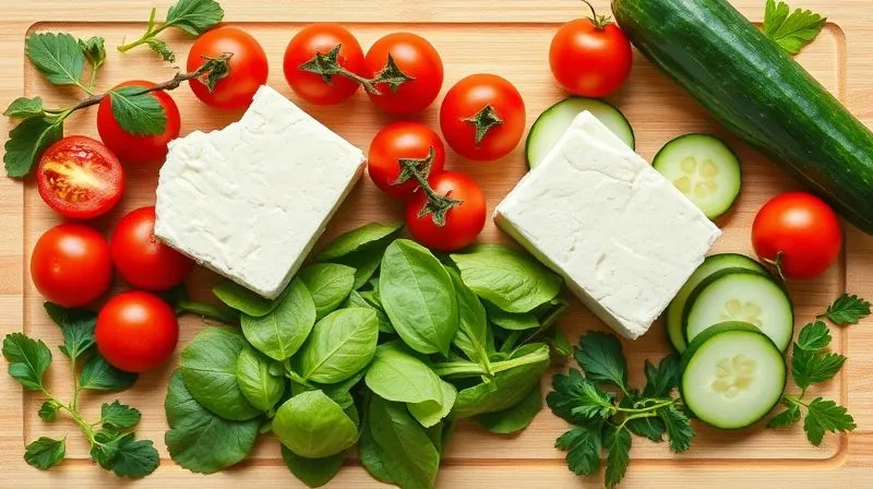 A photorealistic, professional flat lay image of various fresh, colorful ingredients for a healthy dinner prep, including a block of feta, cherry tomatoes, spinach, cucumber, and herbs, neatly arranged on a light wooden board, with natural daylight, 8K, sharp focus.