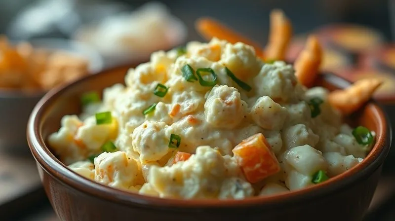 A close-up, photorealistic image of a traditional, creamy egg salad in a bowl, with a rich, slightly oily texture, cinematic lighting, sharp focus on the salad, depth of field blurring a background of unhealthy snacks, 8K hyper-detailed.