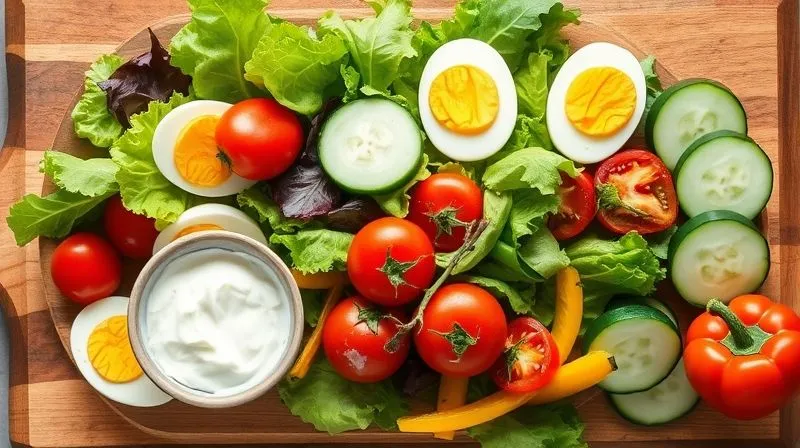 A vibrant, photorealistic overhead shot of fresh, colorful salad ingredients artfully arranged on a wooden board: hard-boiled eggs, crisp lettuce, cherry tomatoes, cucumber slices, bell peppers, and a small bowl of Greek yogurt, with natural light, sharp focus, 8K hyper-detailed.
