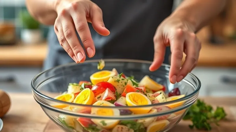 A pair of hands gently tossing a freshly made, colorful egg salad in a large glass bowl, showing crisp textures and a light dressing, cinematic lighting, sharp focus on the salad, depth of field blurring the kitchen background, 8K hyper-detailed.