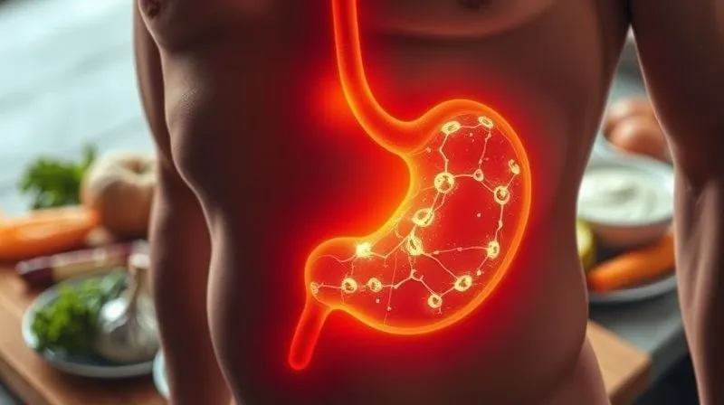 Photorealistic, professional photography, 8K, cinematic lighting, sharp focus, depth of field, shot on a high-end DSLR. A close-up of a human stomach with a glowing representation of satiety hormones, superimposed on a background of various macronutrient foods (protein, fats, carbs). The image should visually explain the complex interaction of food and hunger signals in the body, emphasizing the scientific aspect of feeling full.