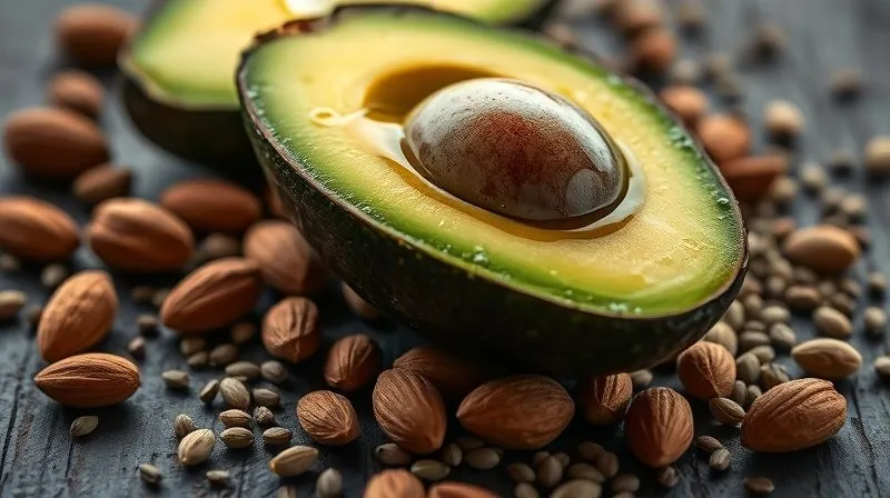 Photorealistic, professional photography, 8K, cinematic lighting, sharp focus, depth of field, shot on a high-end DSLR. A close-up of a perfectly ripe avocado half, glistening with olive oil, surrounded by various nuts and seeds (almonds, walnuts, chia seeds, pumpkin seeds) on a dark, rustic wooden surface. The image should highlight the richness and health benefits of these healthy fat sources, with a luxurious feel.