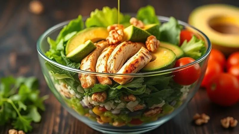 Photorealistic, professional photography, 8K, cinematic lighting, sharp focus, depth of field, shot on a high-end DSLR. A vibrant, layered low-carb protein salad in a clear glass bowl, showcasing distinct textures and colors. Visible layers include crisp leafy greens, perfectly grilled chicken strips, creamy avocado slices, crunchy walnuts, bright cherry tomatoes, and a drizzle of rich olive oil dressing. The image emphasizes the visual appeal and textural variety, making the salad look incredibly appetizing and satisfying.