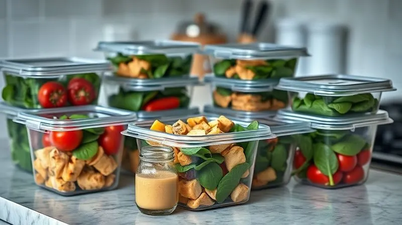 Photorealistic, professional photography, 8K, cinematic lighting, sharp focus, depth of field, shot on a high-end DSLR. A neatly organized kitchen counter with various meal prep containers filled with pre-portioned low-carb salad ingredients: grilled chicken, chopped bell peppers, spinach, cherry tomatoes, and a separate small jar of homemade dressing. The scene should convey efficiency, health, and readiness for a week of healthy eating, with soft, natural light.
