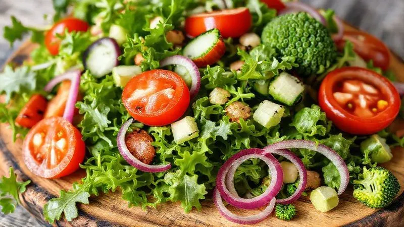Photorealistic image of a vibrant, fresh arugula salad base with various colorful low-carb vegetables like cherry tomatoes, cucumber slices, thinly sliced red onion, and small broccoli florets, scattered on a rustic wooden board. The greens are crisp and glistening, with soft, natural lighting highlighting the textures. Shot on a high-end DSLR, 8K hyper-detailed, sharp focus, depth of field blurring the background, professional photography. Emphasize freshness and natural colors.