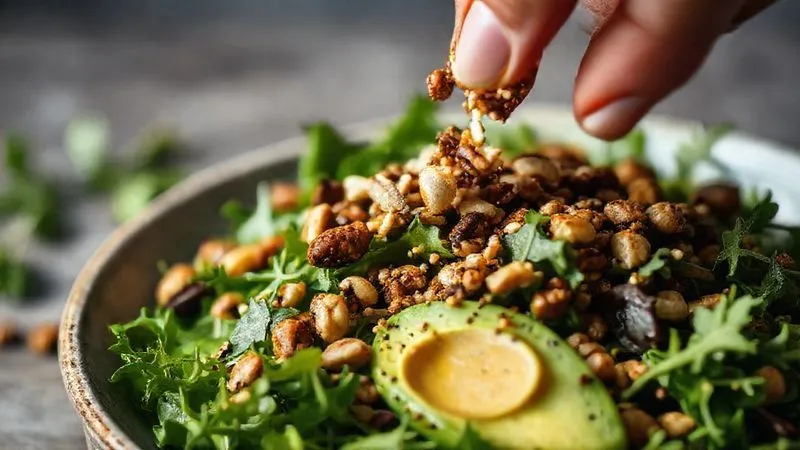 Photorealistic close-up of a hand gently sprinkling toasted nuts and seeds over a fresh, low-carb arugula salad, highlighting the crunchy texture against the soft greens and creamy avocado. The background is softly blurred, emphasizing the movement and the delicious detail. Cinematic lighting, sharp focus on the nuts, depth of field, shot on a high-end DSLR, 8K hyper-detailed, professional photography. Evoke a sense of culinary satisfaction and healthy preparation.