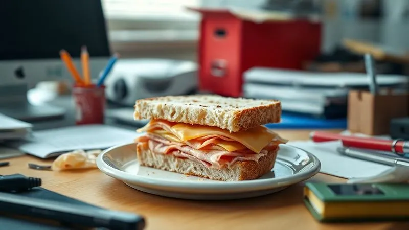 A photorealistic image of a half-eaten, bland-looking white bread sandwich with processed ham and cheese, looking unappetizing and unfulfilling, on a cluttered office desk. Cinematic lighting, sharp focus, depth of field, 8K.