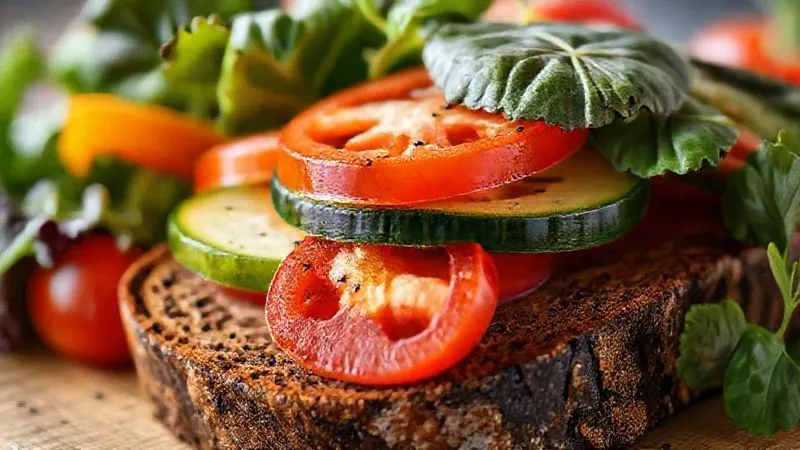 A vibrant, close-up photorealistic image of colorful fresh vegetables (spinach, bell peppers, cucumber, tomatoes) being layered onto a slice of dark full-grain bread. Cinematic lighting, sharp focus, depth of field, 8K, professional photography.