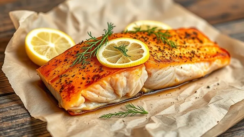 Photorealistic, professional photography of a perfectly baked salmon fillet, golden brown and flaky, garnished with fresh dill and lemon slices on a piece of parchment paper, against a rustic wooden background. Cinematic lighting, sharp focus, depth of field. 8K hyper-detailed, shot on a high-end DSLR.