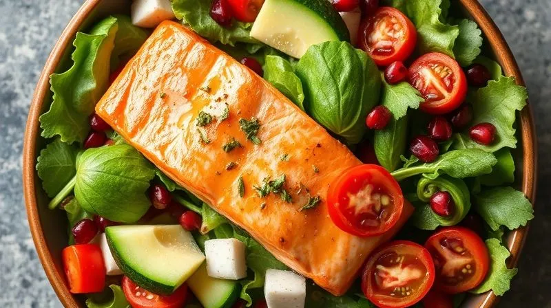 A vibrant, photorealistic overhead shot of a gourmet salmon salad bowl. The salad features a flaky, perfectly cooked salmon fillet, colorful mixed greens, bright red cherry tomatoes, thin slices of cucumber, a few cubes of creamy avocado, and a sprinkle of pomegranate seeds. A light, herb-infused dressing is visibly drizzled over the top. The image emphasizes freshness, health, and visual appeal, with cinematic lighting and sharp focus on the ingredients. 8K hyper-detailed, shot on a high-end DSLR.