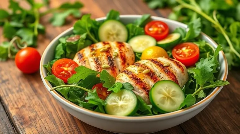A vibrant, fresh arugula salad with perfectly grilled chicken breast, cherry tomatoes, cucumber, avocado slices, and a sprinkle of pumpkin seeds, drizzled with a light lemon-herb vinaigrette, artfully arranged in a modern ceramic bowl on a rustic wooden table, photorealistic, professional photography, 8K, cinematic lighting, sharp focus, depth of field, shot on a high-end DSLR.