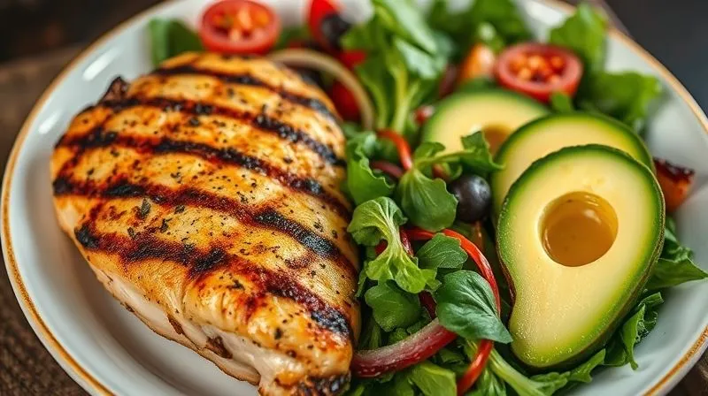 A highly detailed, photorealistic close-up of a perfectly balanced plate, divided into three sections. One section features lean grilled chicken breast (representing protein), another is filled with vibrant mixed greens and colorful vegetables (representing fiber), and the third shows a small portion of avocado slices and a drizzle of olive oil (representing healthy fats). The lighting is soft and natural, emphasizing the freshness and nutritional value of each component. 8K, cinematic lighting, sharp focus, depth of field, shot on a high-end DSLR.