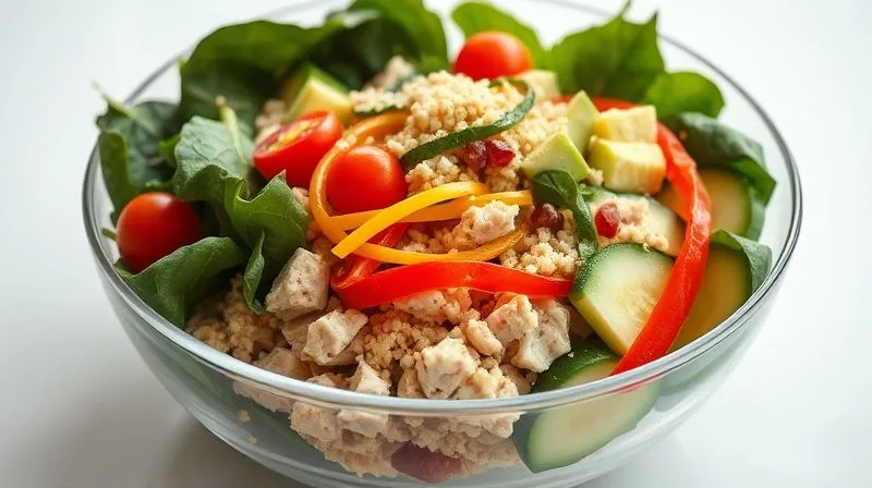 A vibrant, professional photography, 8K, cinematic lighting, sharp focus, depth of field, shot on a high-end DSLR of a large, clear glass bowl filled with a meticulously arranged, colorful tuna salad. Layers include dark green spinach, bright red cherry tomatoes, yellow bell pepper strips, sliced cucumber, flaked tuna, a sprinkle of cooked quinoa, and a few cubes of avocado. The ingredients are fresh and glistening, illuminated by soft, natural light, emphasizing their texture and inviting appeal.