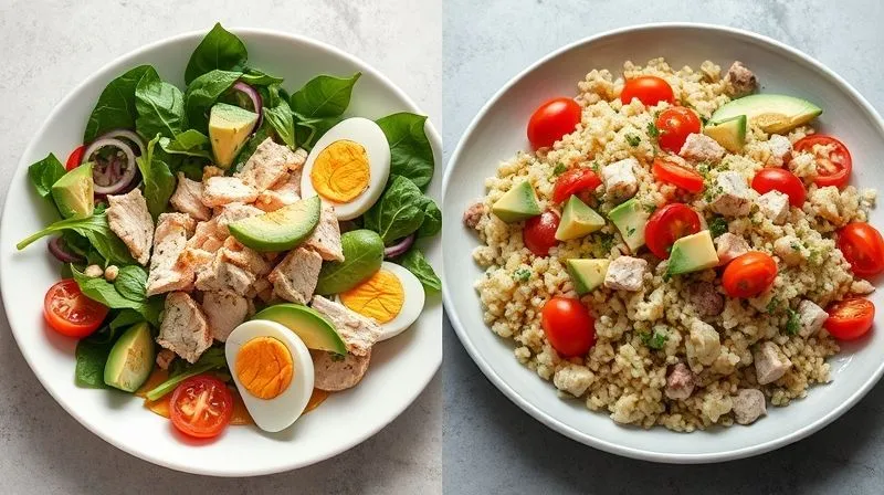 A professional, photorealistic photography, 8K, cinematic lighting, sharp focus, depth of field, shot on a high-end DSLR of two distinct, beautifully plated tuna salads side-by-side. One plate features the 'Classic Fitness Tuna Salad' with mixed greens, tuna flakes, hard-boiled eggs, and colorful vegetables. The second plate showcases the 'Tuna Quinoa Avocado Salad' with fluffy quinoa, avocado cubes, cherry tomatoes, and fresh herbs. Both salads are vibrant and appealing, suggesting healthy and satisfying meals.