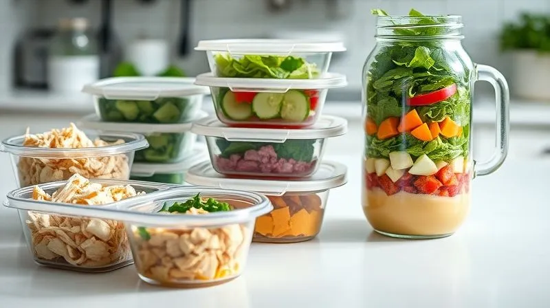 A professional, photorealistic photography, 8K, cinematic lighting, sharp focus, depth of field, shot on a high-end DSLR of a clean, organized kitchen counter with various meal prep containers. Several containers are filled with prepped tuna salad components, separated into compartments: one with flaked tuna, another with chopped vegetables, and a separate small container for dressing. A large glass jar shows a layered salad, with dressing at the bottom, followed by denser ingredients, and greens on top. The scene is bright and practical, emphasizing efficiency and healthy eating.
