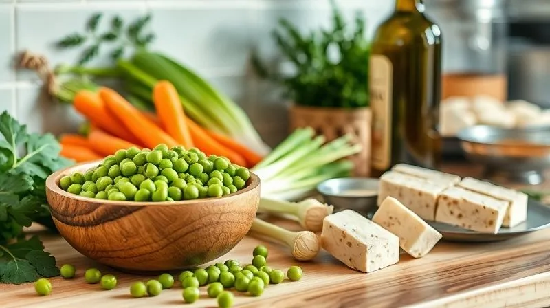 A photorealistic image of a kitchen counter with various healthy ingredients for pea soup: dried green peas in a wooden bowl, fresh carrots, celery, leeks, smoked tofu, and a bottle of high-quality olive oil. The scene is well-lit with natural light, sharp focus on the ingredients, depth of field blurring the background, 8K hyper-detailed, professional photography, shot on a high-end DSLR.