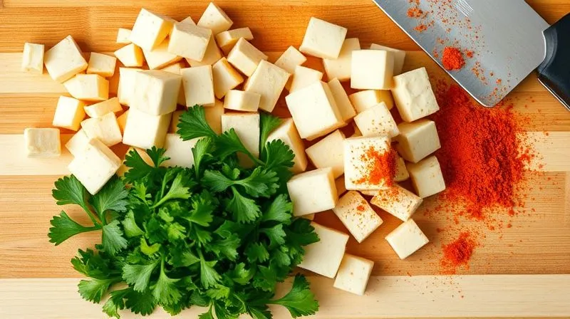 A close-up, top-down photorealistic image of a cutting board with finely diced smoked tofu, fresh parsley, and smoked paprika powder, ready to be added to a soup. The lighting is bright and natural, highlighting the textures and vibrant colors. Sharp focus, shallow depth of field, 8K hyper-detailed, professional photography, shot on a high-end DSLR.