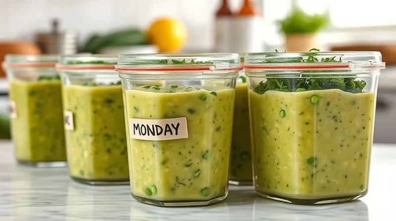 A photorealistic image of a healthy meal prep setup: several glass containers filled with portions of light pea soup, ready for the week. A label on one container says 'MONDAY'. The background shows a clean, modern kitchen. Natural light, sharp focus, depth of field, 8K hyper-detailed, professional photography, shot on a high-end DSLR.