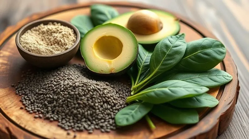 A close-up, photorealistic shot of various healthy ingredients for a smoothie: a scoop of protein powder, a handful of chia seeds, sliced avocado, and fresh spinach leaves, arranged artfully on a rustic wooden board with cinematic lighting, sharp focus on the ingredients, 8K hyper-detailed.