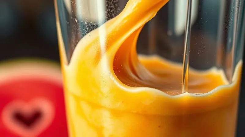 A photorealistic close-up of a blender in action, creating a thick, creamy tropical smoothie. Swirls of vibrant colors are visible, with a hint of steam from the cold ingredients. Dynamic composition, cinematic lighting, sharp focus on the blending process, depth of field blurring the background, 8K hyper-detailed.